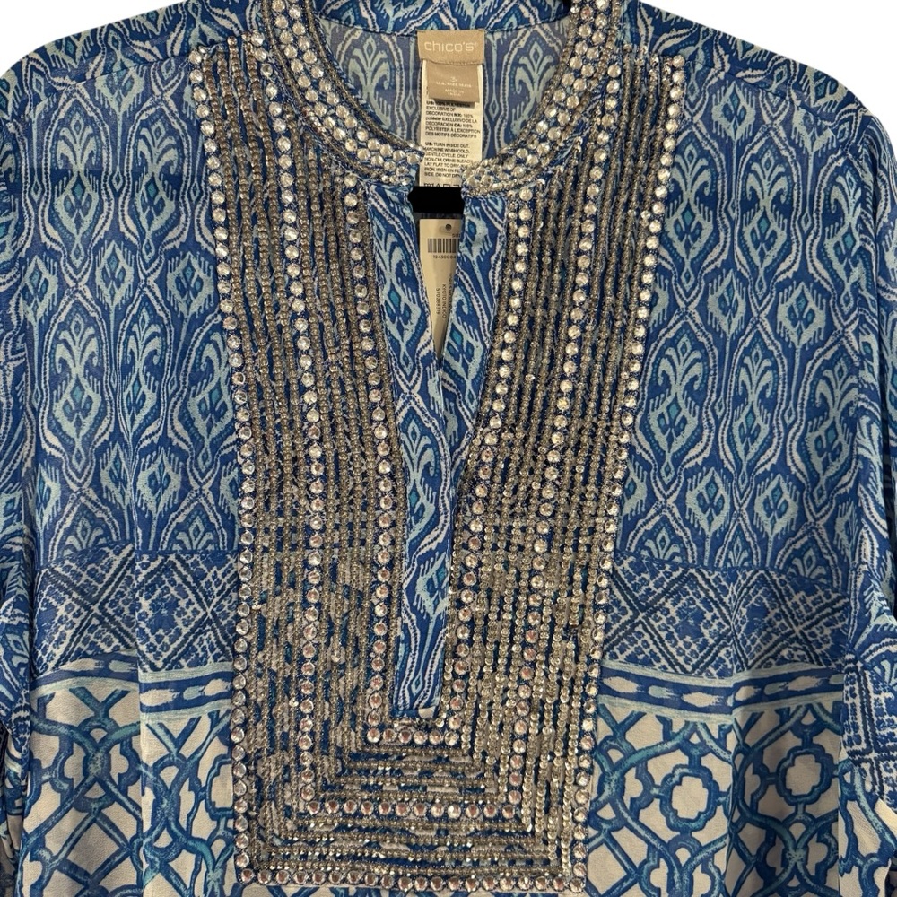 Chico's Blue and White Patterned Chiffon Tunic with Embellished Neckline